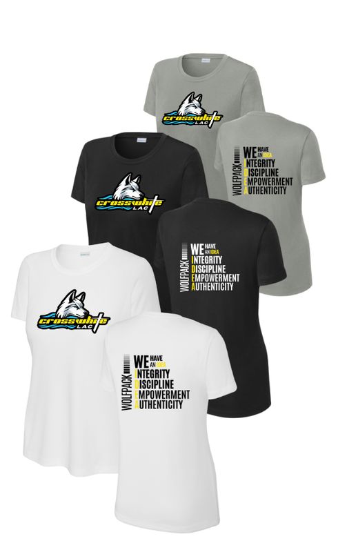 Crosswhite Ladies Moisture Wick Tee - White, Black or Grey Concrete - Adult LADIES Crosswhite Ladies Moisture Wick Tee - White, Black or Grey Concrete - Adult LADIES