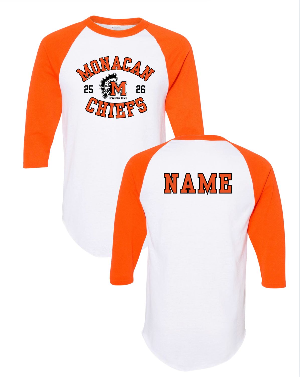 Monacan Chiefs Team PERSONALIZED Raglan Baseball Jersey T-Shirt - Orange & White or Black & White Monacan Chiefs Team PERSONALIZED Raglan Baseball Jersey T-Shirt - Orange & White or Black & White