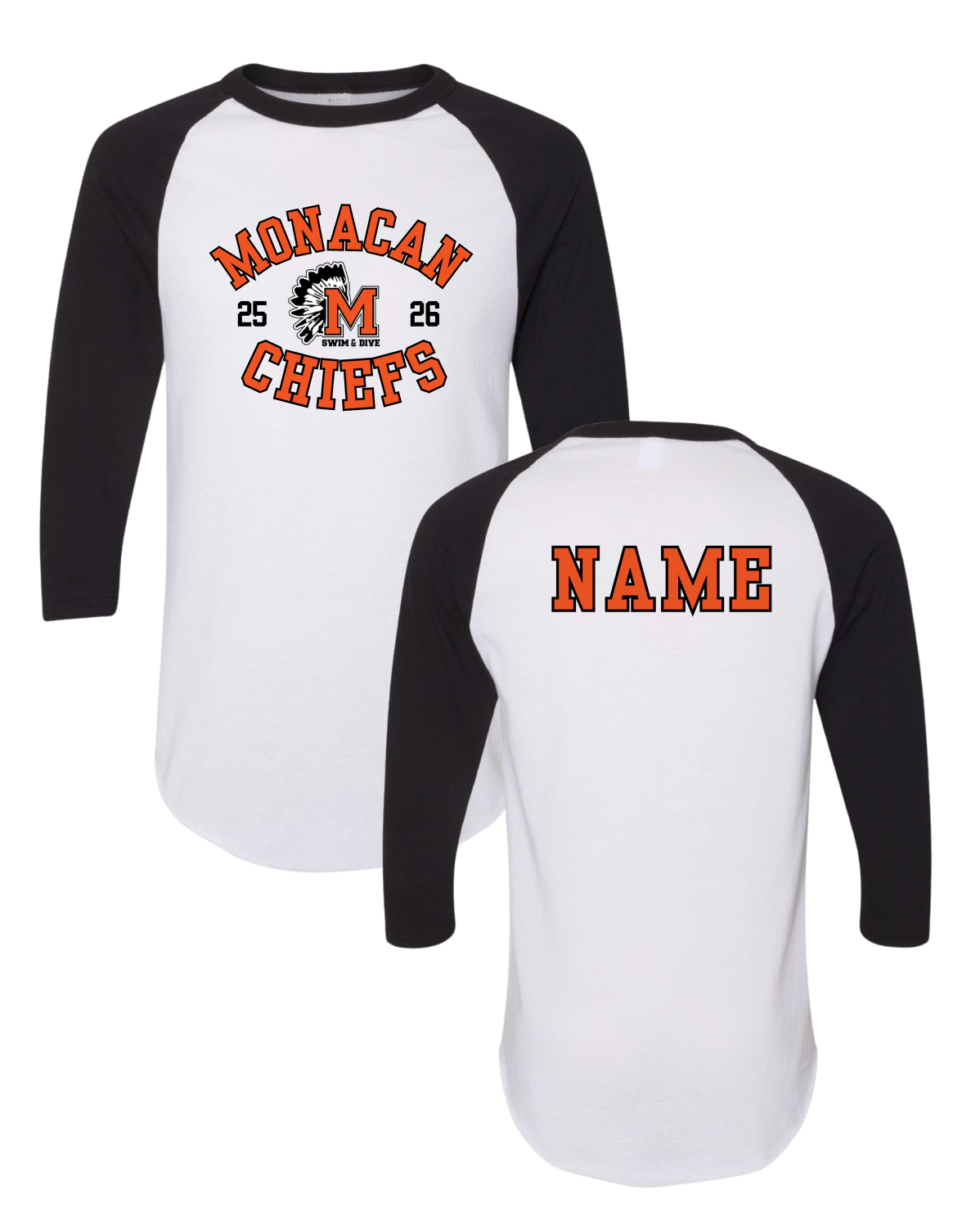 Monacan Chiefs Team PERSONALIZED Raglan Baseball Jersey T-Shirt - Orange & White or Black & White