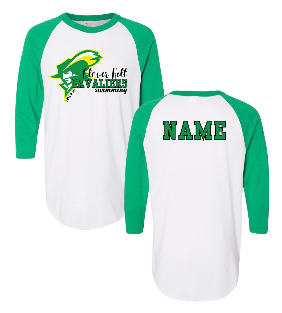 Clover Hill Cavaliers Team PERSONALIZED Raglan Baseball Jersey T-Shirt - Black & White  or Kelly Green & White- Design 2
