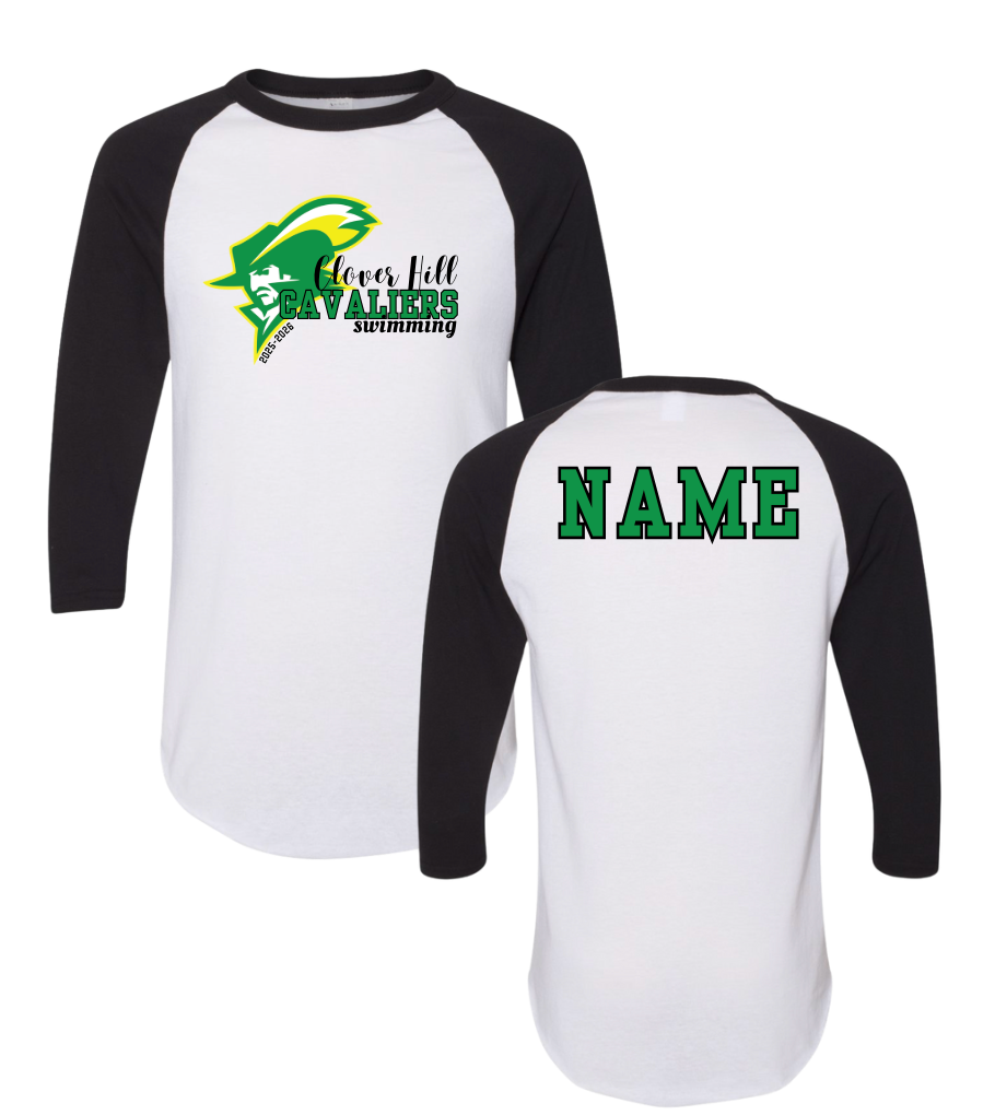 Clover Hill Cavaliers Team PERSONALIZED Raglan Baseball Jersey T-Shirt - Black & White or Kelly Green & White- Design 2