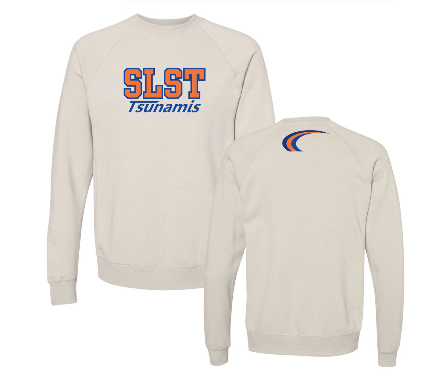 Summer Lake Tsunamis Embroidered Varsity Crew Sweatshirt With Tackle Twill- Stone Heather Summer Lake Tsunamis Embroidered Varsity Crew Sweatshirt With Tackle Twill- Stone Heather