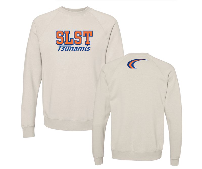 Summer Lake Tsunamis Embroidered Varsity Crew Sweatshirt With Tackle Twill- Stone Heather