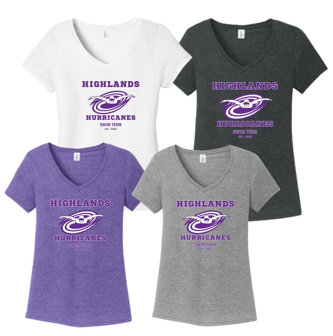 The Highlands Hurricanes Ladies V-Neck T-Shirt - Purple Frost, Black Frost, Grey Frost or White