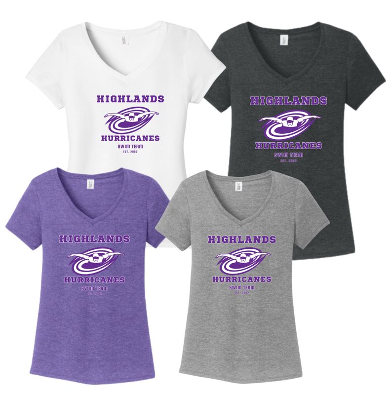The Highlands Hurricanes Ladies V-Neck T-Shirt - Purple Frost, Black Frost, Grey Frost or White