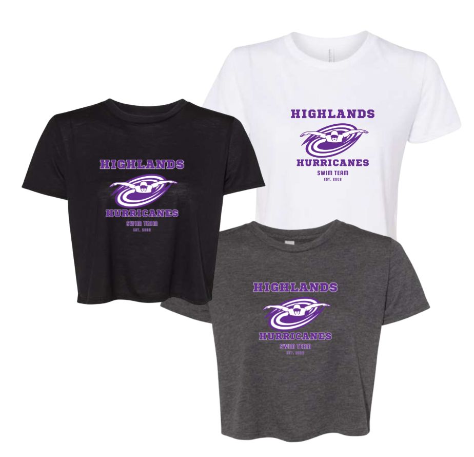 The Highlands Hurricanes Ladies Flowy Crop Top Tee - White, Dark Grey Heather or Black The Highlands Hurricanes Ladies Flowy Crop Top Tee - White, Dark Grey Heather or Black