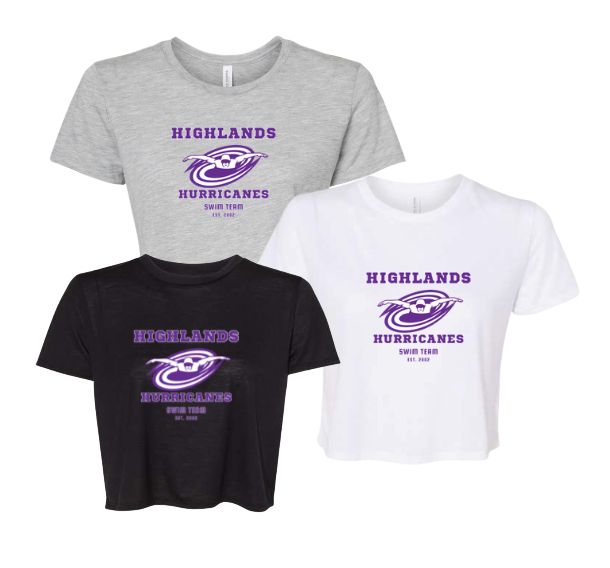The Highlands Hurricanes Ladies Flowy Crop Top Tee - White, Dark Grey Heather or Black