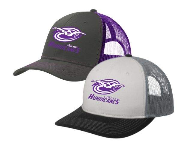 The Highlands Hurricanes Embroidered Snapback Trucker Cap Hat- White/Black/Grey or Grey Steel/Purple