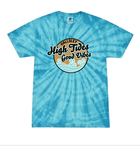 Hallsley High Tides Team Tie Dyed T-Shirt - Black or Turquoise - 2 Design Options - Youth & Adult Sizes