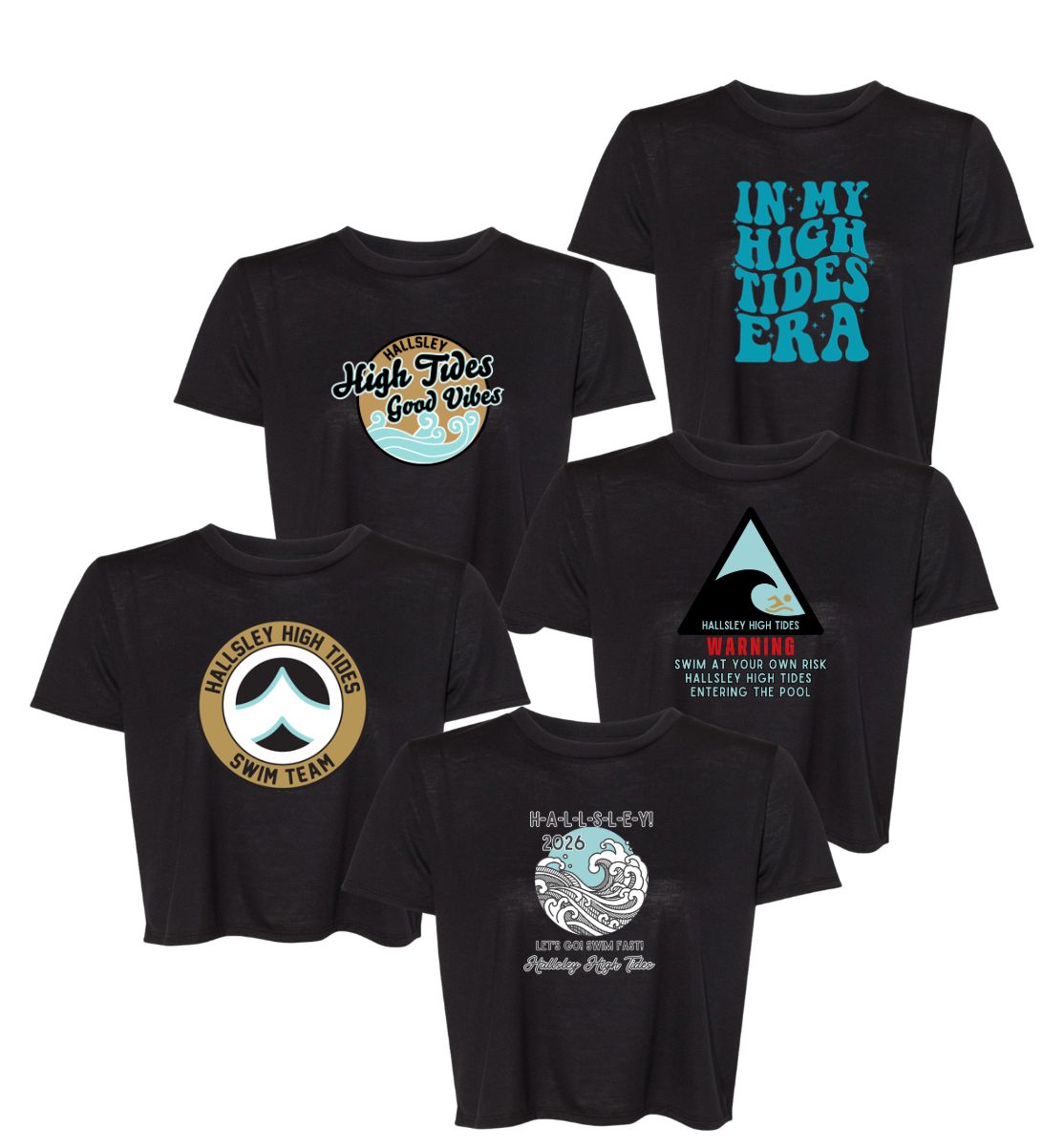 Hallsley High Tides Team Ladies Flowy Crop Tee - Black - 5 Design Options - Adult