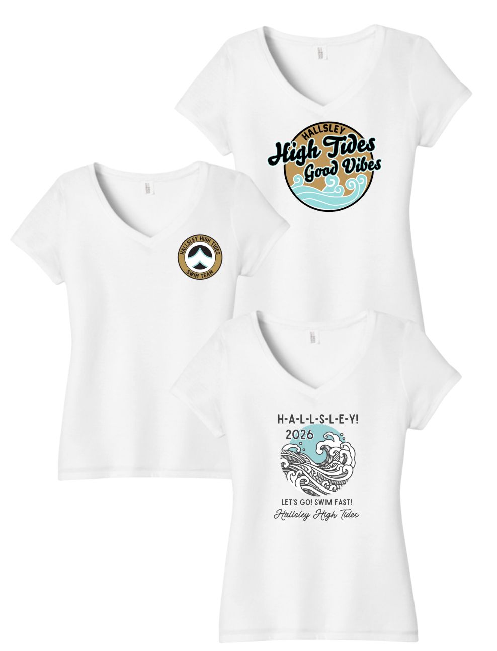 Hallsley High Tides Team Ladies V-Neck Tee - White - 3 Designs - Adult