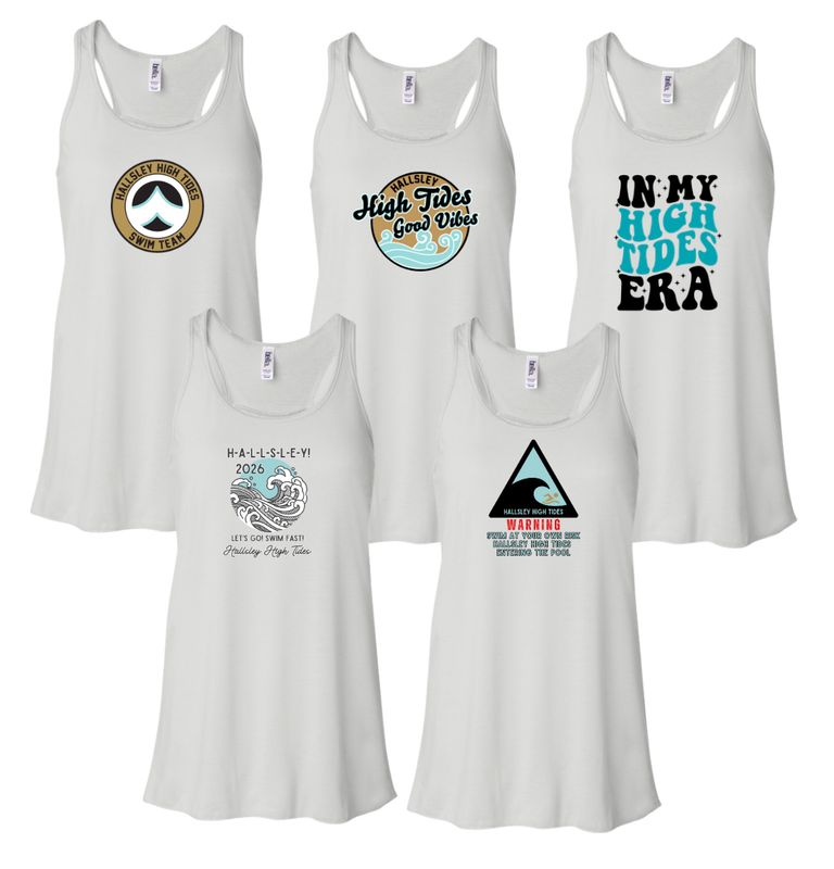 ​Hallsley High Tides Team Girls & Ladies Flowy Racerback Tank - White - 5 Design Options - YOUTH & ADULT Sizing ​Hallsley High Tides Team Girls & Ladies Flowy Racerback Tank - White - 5 Design Options - YOUTH & ADULT Sizing