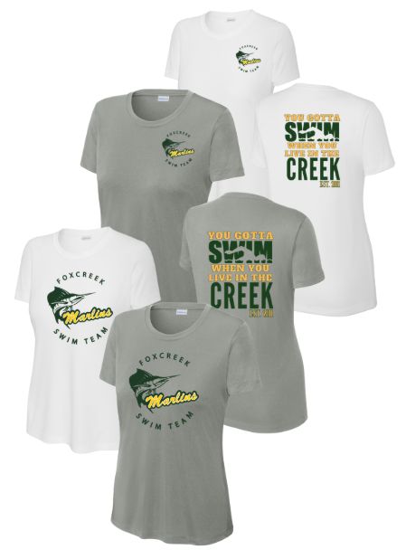 Foxcreek Marlins Ladies Moisture Wick Tee - White or Grey Concrete - 2 Design Options - Adult LADIES Foxcreek Marlins Ladies Moisture Wick Tee - White or Grey Concrete - 2 Design Options - Adult LADIES