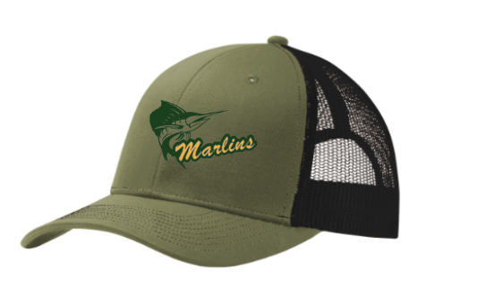 Foxcreek Marlins Custom Embroidered Snapback Trucker Cap Hat- White/Black/Grey or Olive Drab Green/Black