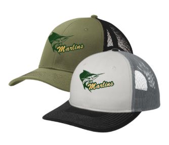 Foxcreek Marlins Custom Embroidered Snapback Trucker Cap Hat- White/Black/Grey or Olive Drab Green/Black