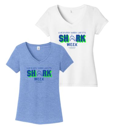 Stonehenge Sharks SHARK WEEK Ladies V-Neck Tee - White or Maritime Frost - Adult Stonehenge Sharks SHARK WEEK Ladies V-Neck Tee - White or Maritime Frost - Adult