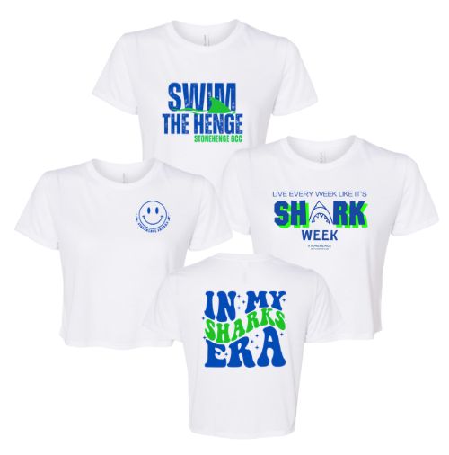Stonehenge Sharks Ladies Flowy Crop Tee - White - 3 Design Options - Adult