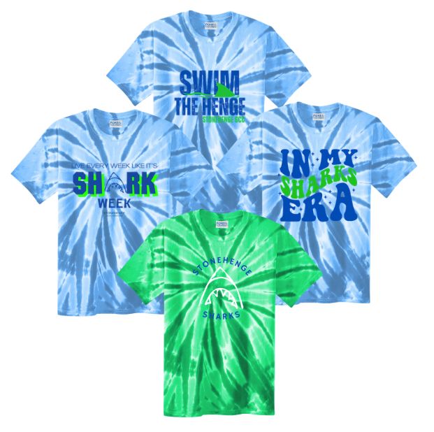 Stonehenge Sharks Tie Dyed T-Shirt - Kelly or Light Blue - 4 Designs