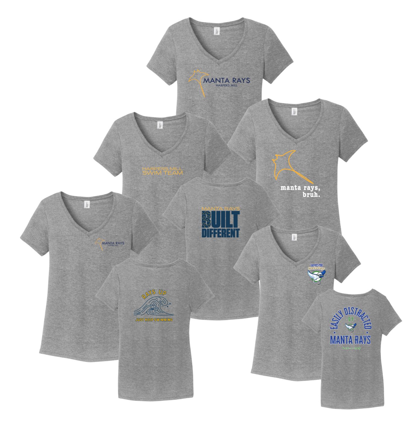 Harpers Mill Manta Rays Ladies TEAM V-Neck Tee- Grey Frost - 5 Design Options - Adult Sizes - Optional Personalization Harpers Mill Manta Rays Ladies TEAM V-Neck Tee- Grey Frost - 5 Design Options - Adult Sizes - Optional Personalization