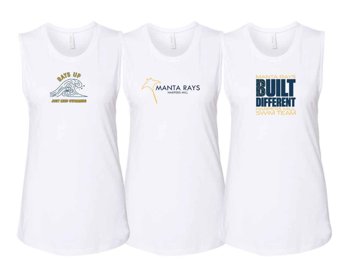 Harpers Mill Manta Rays Ladies Muscle Tank Top - White - 3 Design Options - Adult Sizes