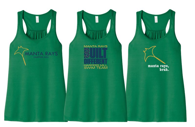 Harpers Mill Manta Rays Ladies Flowy Racerback Tank - Kelly Green - 3 Design Options Harpers Mill Manta Rays Ladies Flowy Racerback Tank - Kelly Green - 3 Design Options