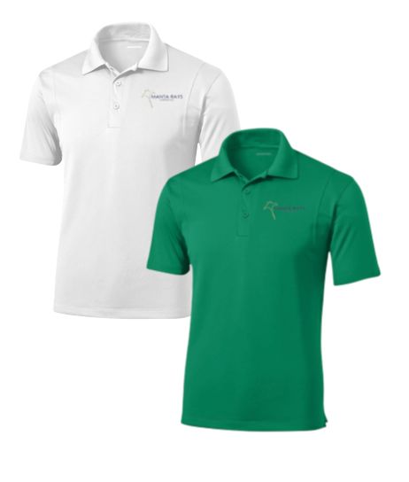 Harpers Mill Manta Rays Mens Moisture Wick Polo with Embroidered Logo - White or Kelly Green - Adult Sizes Harpers Mill Manta Rays Mens Moisture Wick Polo with Embroidered Logo - White or Kelly Green - Adult Sizes