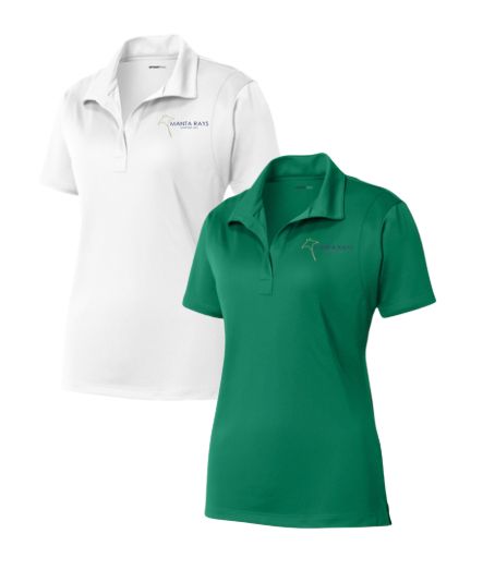 Harpers Mill Manta Rays Ladies Moisture Wick Polo with Embroidered Logo - White or Kelly Green - Adult Sizes Harpers Mill Manta Rays Ladies Moisture Wick Polo with Embroidered Logo - White or Kelly Green - Adult Sizes
