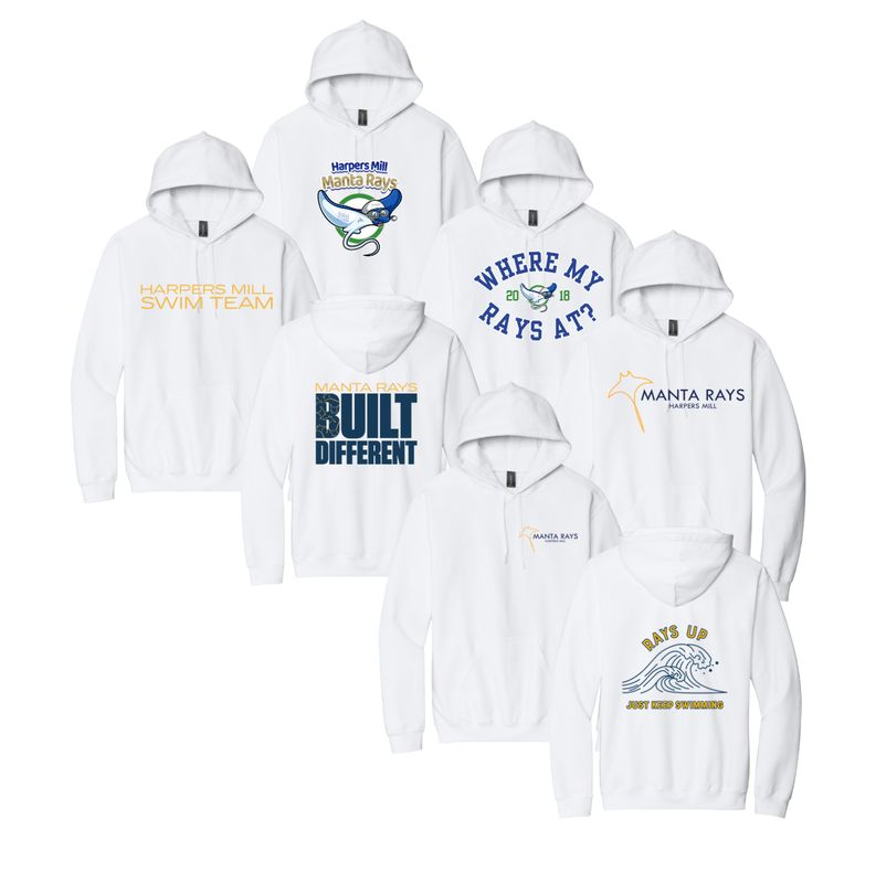 Harpers Mill Manta Rays Team Hoodie Sweatshirt - White - 5 Design Options - With Optional Personalization - Youth & Adult Sizes Harpers Mill Manta Rays Team Hoodie Sweatshirt - White - 5 Design Options - With Optional Personalization - Youth & Adult Sizes