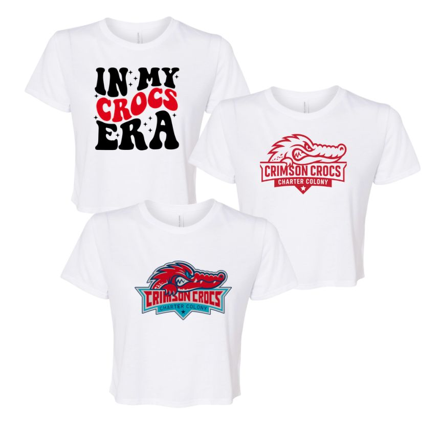 Charter Colony Crimson Crocs Ladies Flowy Crop Tee - 3 Design Options - White - Adult