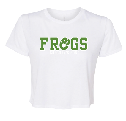 Gregorys Pond Ladies Flowy Crop Tee - Dark Grey Heather, Athletic Grey, Heather Dust or White -FROGS Design -  ADULT