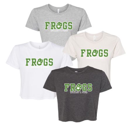 Gregorys Pond Ladies Flowy Crop Tee - Dark Grey Heather, Athletic Grey, Heather Dust or White -FROGS Design -  ADULT