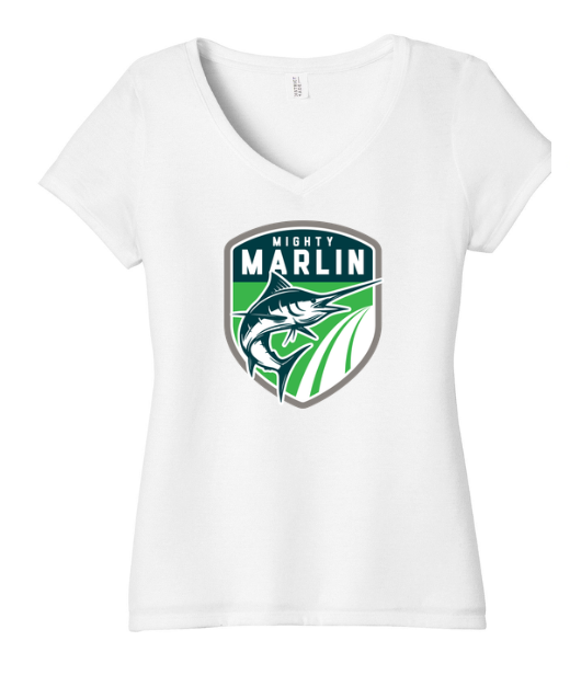Smoketree Mighty Marlin Ladies V-Neck Tee - Heather Teal, White or Green Frost - Adult