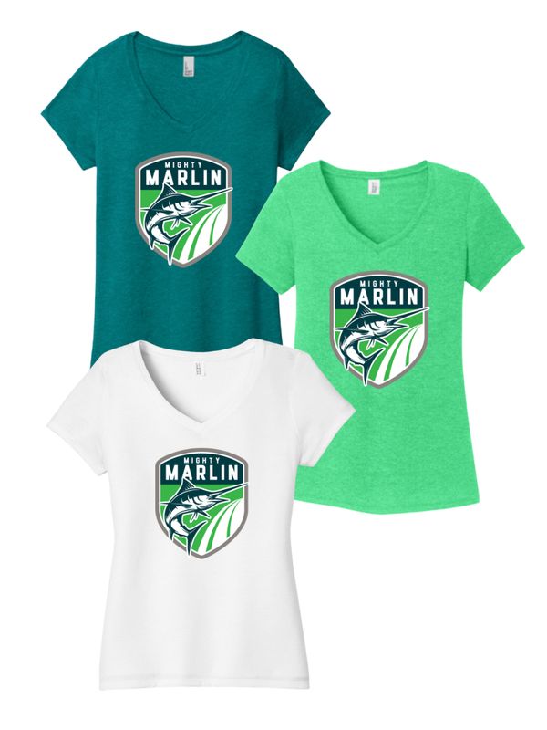 Smoketree Mighty Marlin Ladies V-Neck Tee - Heather Teal, White or Green Frost - Adult