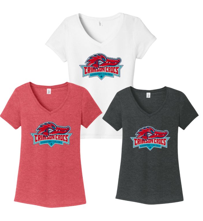 Charter Colony Crimson Crocs  Ladies V-Neck Tee - Black Frost, Red Frost or White - Adult