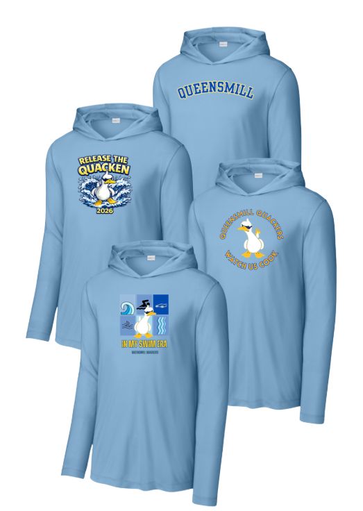 ​Queensmill Quackers UV Pro Long Sleeve Hoodie Tee - Light Blue - 4 Design Options - Adult