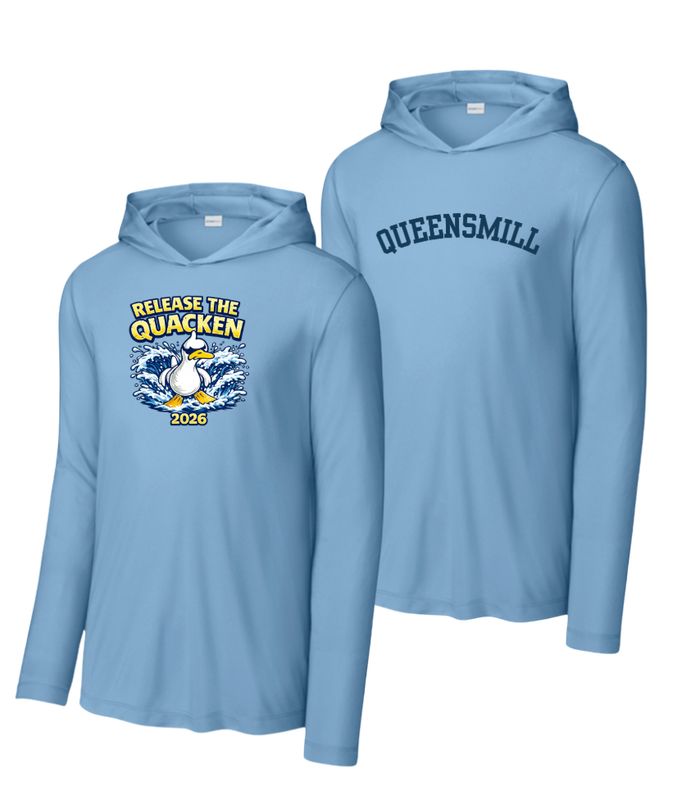 ​Queensmill Quackers UV Pro Long Sleeve Hoodie Tee - Light Blue - 2 Design Options - Adult