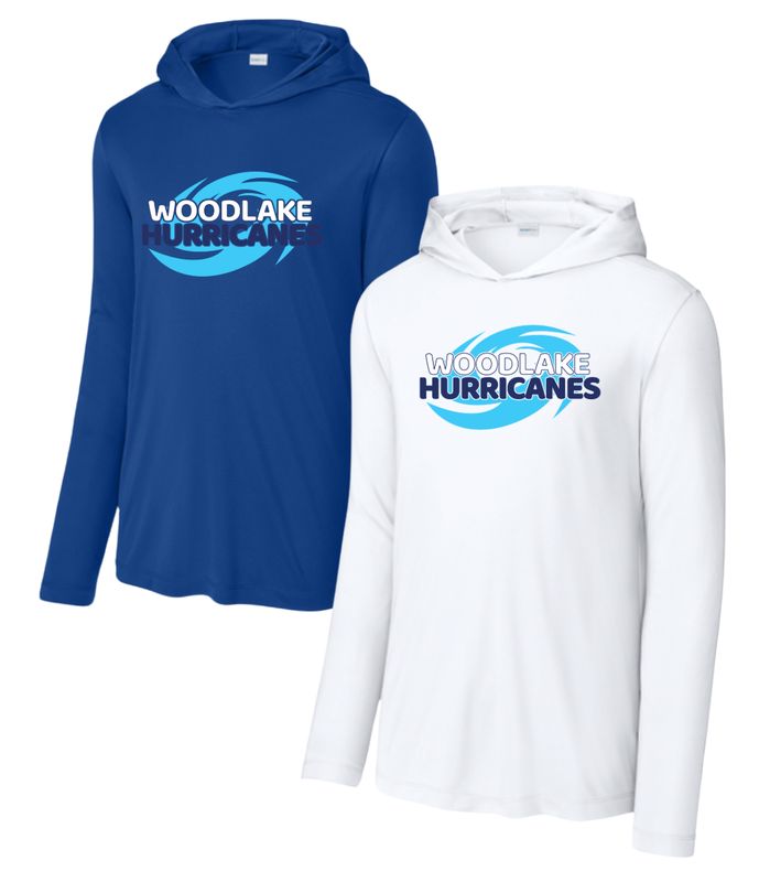 Woodlake Hurricanes UV Pro Long Sleeve Hoodie Tee - Royal or White - Adult Woodlake Hurricanes UV Pro Long Sleeve Hoodie Tee - Royal or White - Adult
