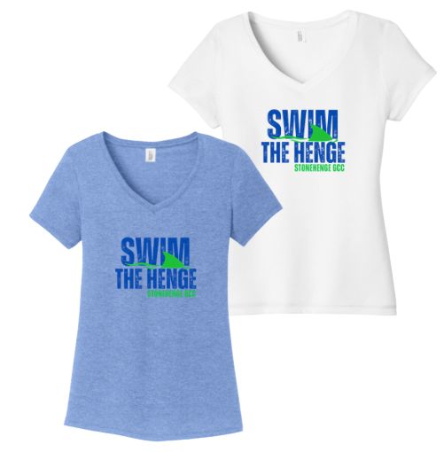 Stonehenge Sharks SWIM THE HENGE Ladies V-Neck Tee - White or Maritime Frost - Adult