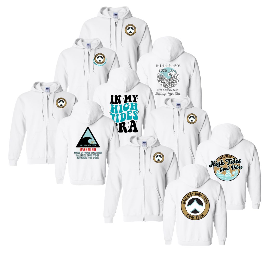 Hallsley High Tides Custom Team ADULT ZIP UP Hoodie Sweatshirt - White - 4 Design Options