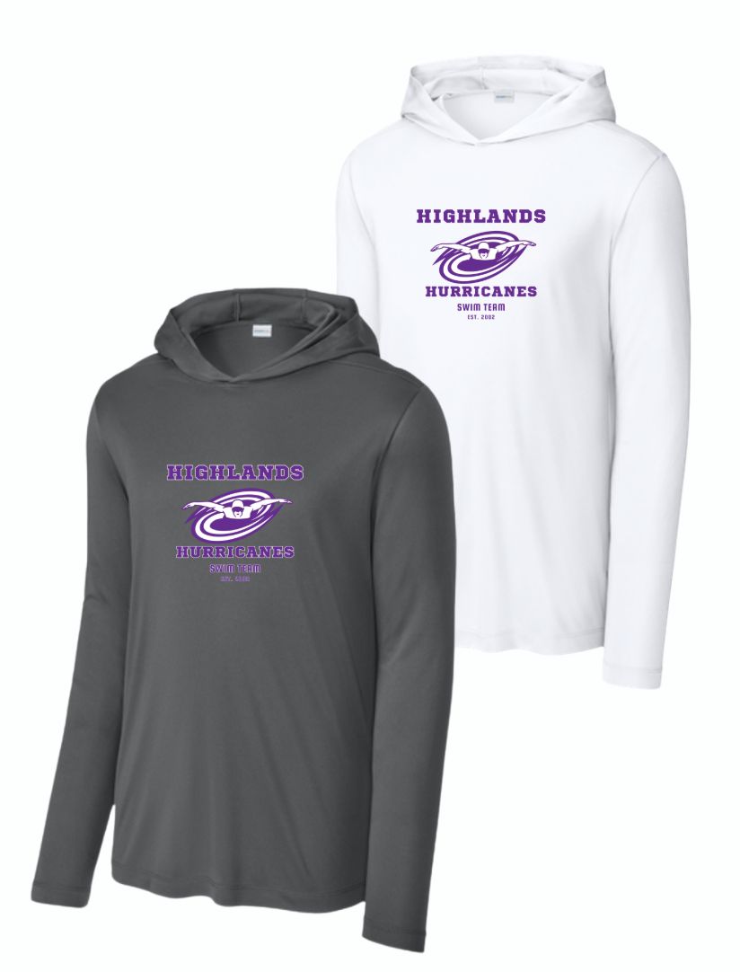 The Highlands Hurricanes UV Pro Long Sleeve Hoodie Tee -White or Dark Smoke Grey - Adult The Highlands Hurricanes UV Pro Long Sleeve Hoodie Tee -White or Dark Smoke Grey - Adult