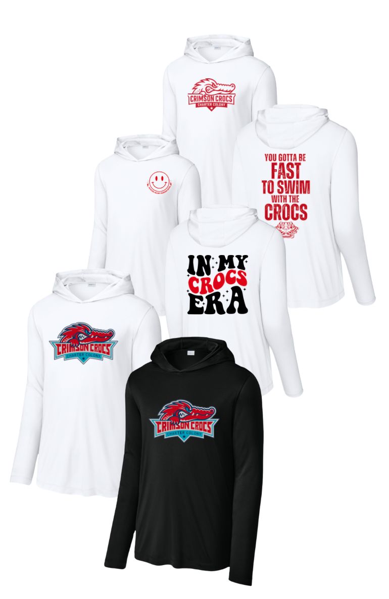 ​Charter Colony Crimson Crocs UV Pro Long Sleeve Hoodie Tee - Black or White - 3 Design Options - Adult