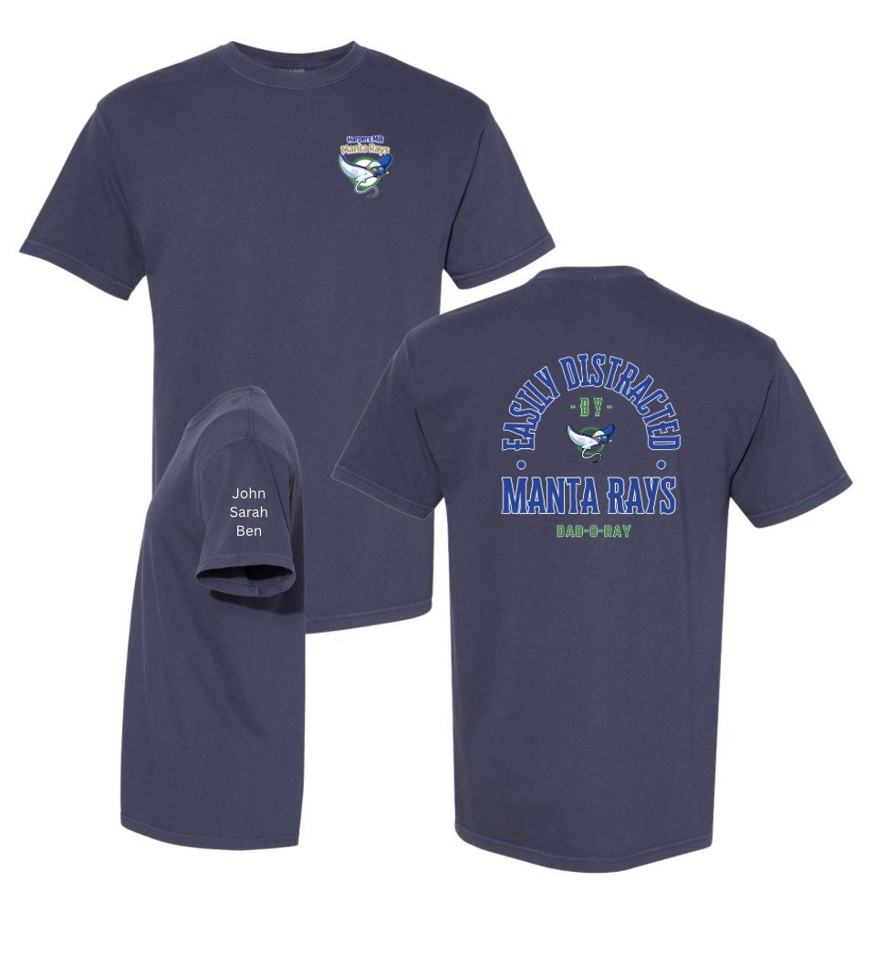 ​Harpers Mill Manta Rays Custom Team T-Shirt - MOM-O-RAY or DAD-O-RAY Comfort Colors - Navy - Adult with Optional Personalization on Sleeve