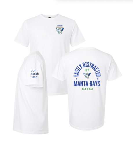 ​Harpers Mill Manta Rays Custom Team T-Shirt - MOM-O-RAY or DAD-O-RAY - White - Adult with Optional Personalization on Sleeve ​Harpers Mill Manta Rays Custom Team T-Shirt - MOM-O-RAY or DAD-O-RAY - White - Adult with Optional Personalization on Sleeve