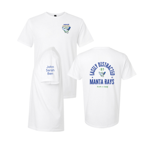 ​Harpers Mill Manta Rays Custom Team T-Shirt - MOM-O-RAY or DAD-O-RAY - White - Adult with Optional Personalization on Sleeve