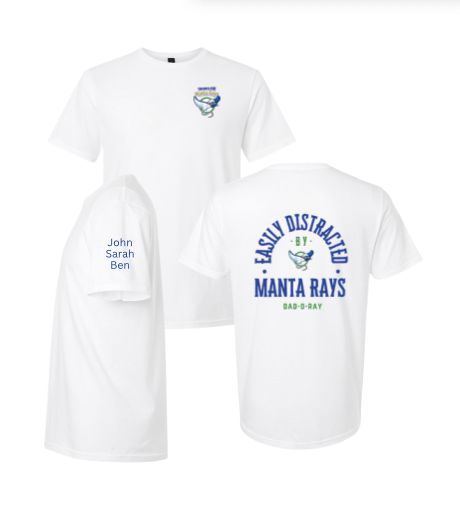 ​Harpers Mill Manta Rays Custom Team T-Shirt - MOM-O-RAY or DAD-O-RAY - White - Adult with Optional Personalization on Sleeve ​Harpers Mill Manta Rays Custom Team T-Shirt - MOM-O-RAY or DAD-O-RAY - White - Adult with Optional Personalization on Sleeve