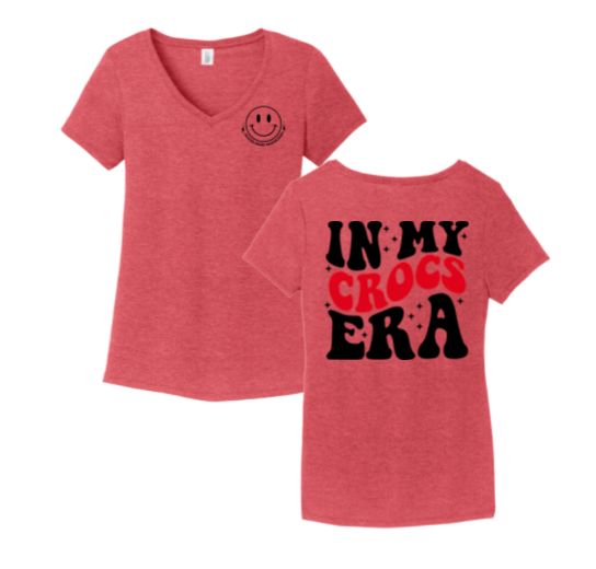 Charter Colony Crimson Crocs  Ladies V-Neck Tee - Red Frost or White - In My CROCS ERA - Adult