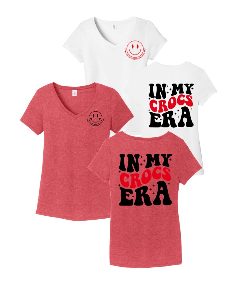 Charter Colony Crimson Crocs  Ladies V-Neck Tee - Red Frost or White - In My CROCS ERA - Adult