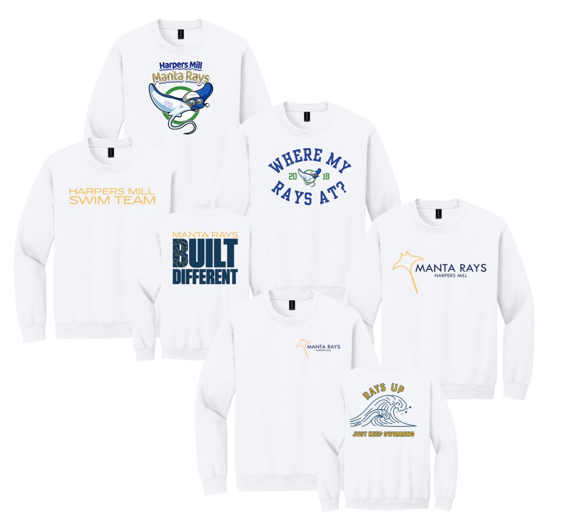 Harpers Mill Manta Rays Crew Sweatshirt - 5 Design Options - White - With Optional Personalization - Youth & Adult Sizes Harpers Mill Manta Rays Crew Sweatshirt - 5 Design Options - White - With Optional Personalization - Youth & Adult Sizes