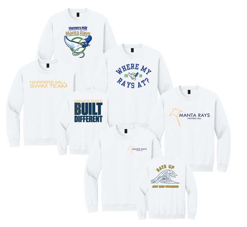 Harpers Mill Manta Rays Crew Sweatshirt - 5 Design Options - White - With Optional Personalization - Youth & Adult Sizes Harpers Mill Manta Rays Crew Sweatshirt - 5 Design Options - White - With Optional Personalization - Youth & Adult Sizes