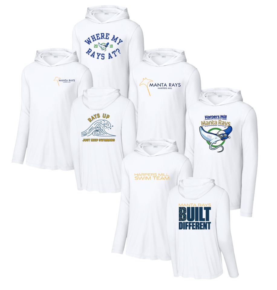 Harpers Mill Manta Rays Custom Team UV Pro Long Sleeve Hoodie Tee - White - 5 Design Options - With Optional Personalization - Adult Harpers Mill Manta Rays Custom Team UV Pro Long Sleeve Hoodie Tee - White - 5 Design Options - With Optional Personalization - Adult